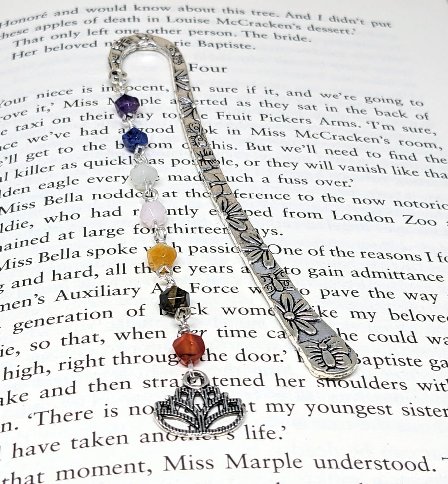 Bookmark with chakra gemstones and lotus flower charm