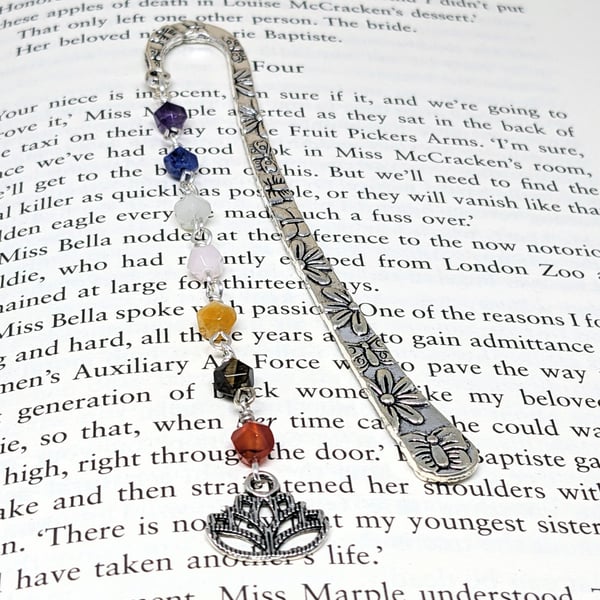 Bookmark with chakra gemstones and lotus flower charm
