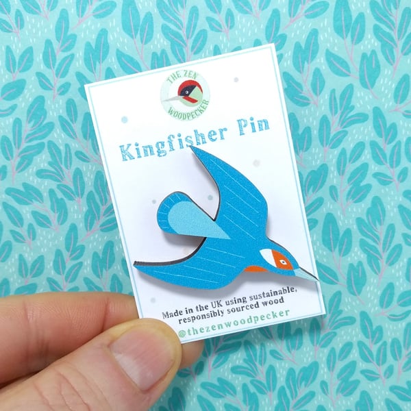 Kingfisher Pin Badge, Wooden Bird Brooch, Wildlife Pin