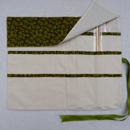 Knitting Needle Roll In Green Leaf Print Cotton  with 3 Pairs Bamboo Needles.