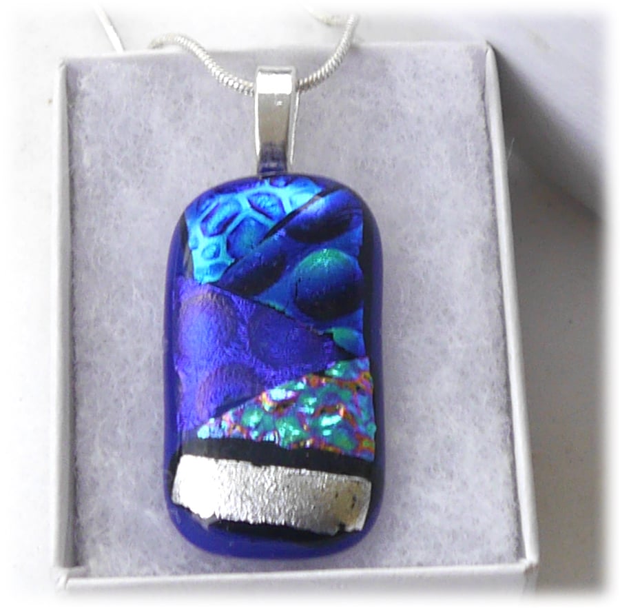 SOLD Blue Patchwork Dichroic Glass Pendant 195 silver plated chain