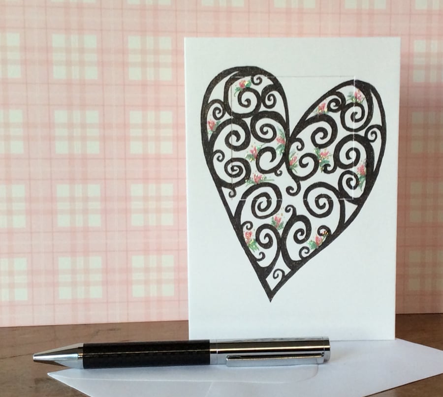 Dramatic handmade flowered spiral heart Art Card. 