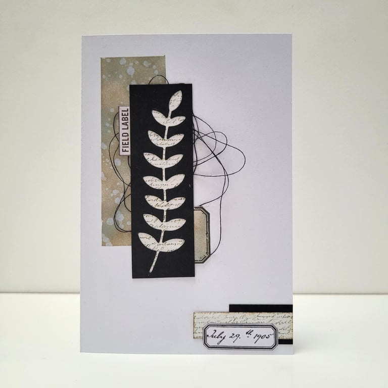 Mixed Media Art Greeting Card - Botanical Silhouette and Thread Panel