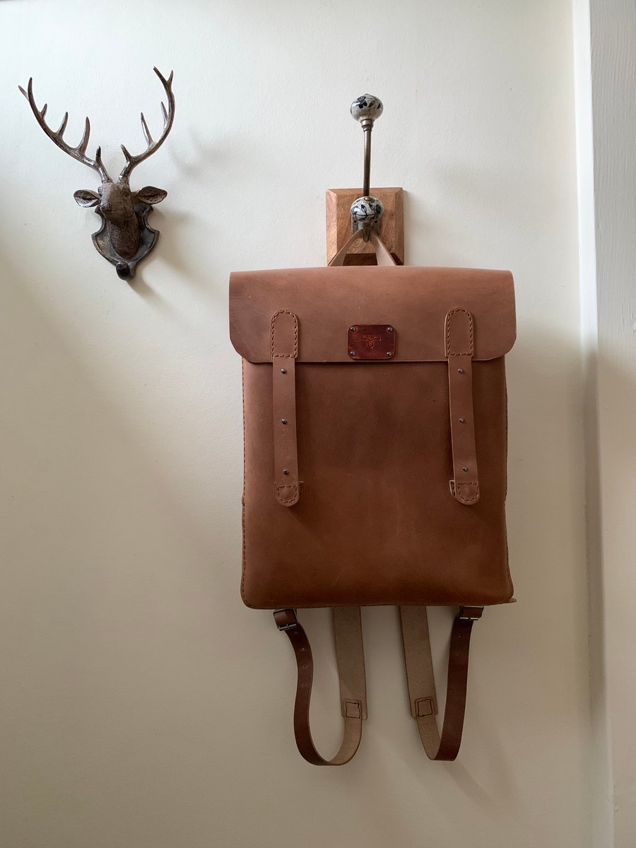 Leather backpack unisex in brown handmade with adjustable shoulder straps 