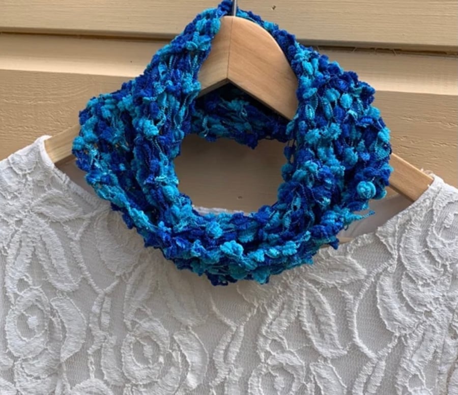 Knitted  blue infinity scarf in a bag , mini knitted scarf 