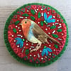 Hand Embroidered Christmas Robin Brooch