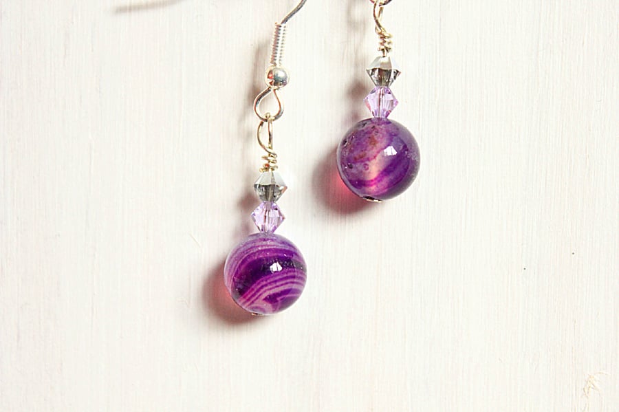 Purple banded agate and Swarovski crystal dangle earrings