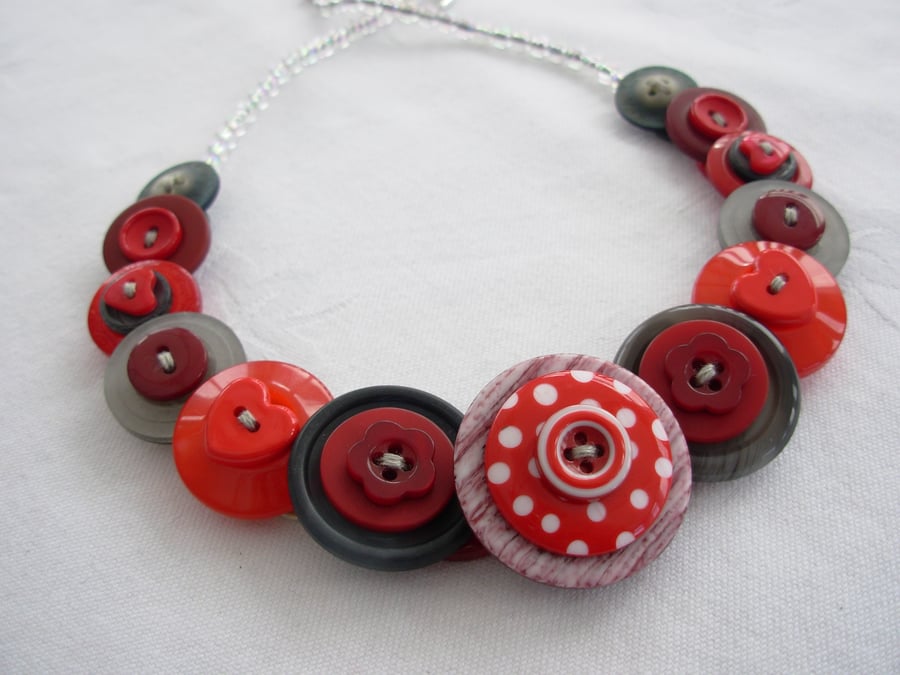 Button Necklace Red and Grey 
