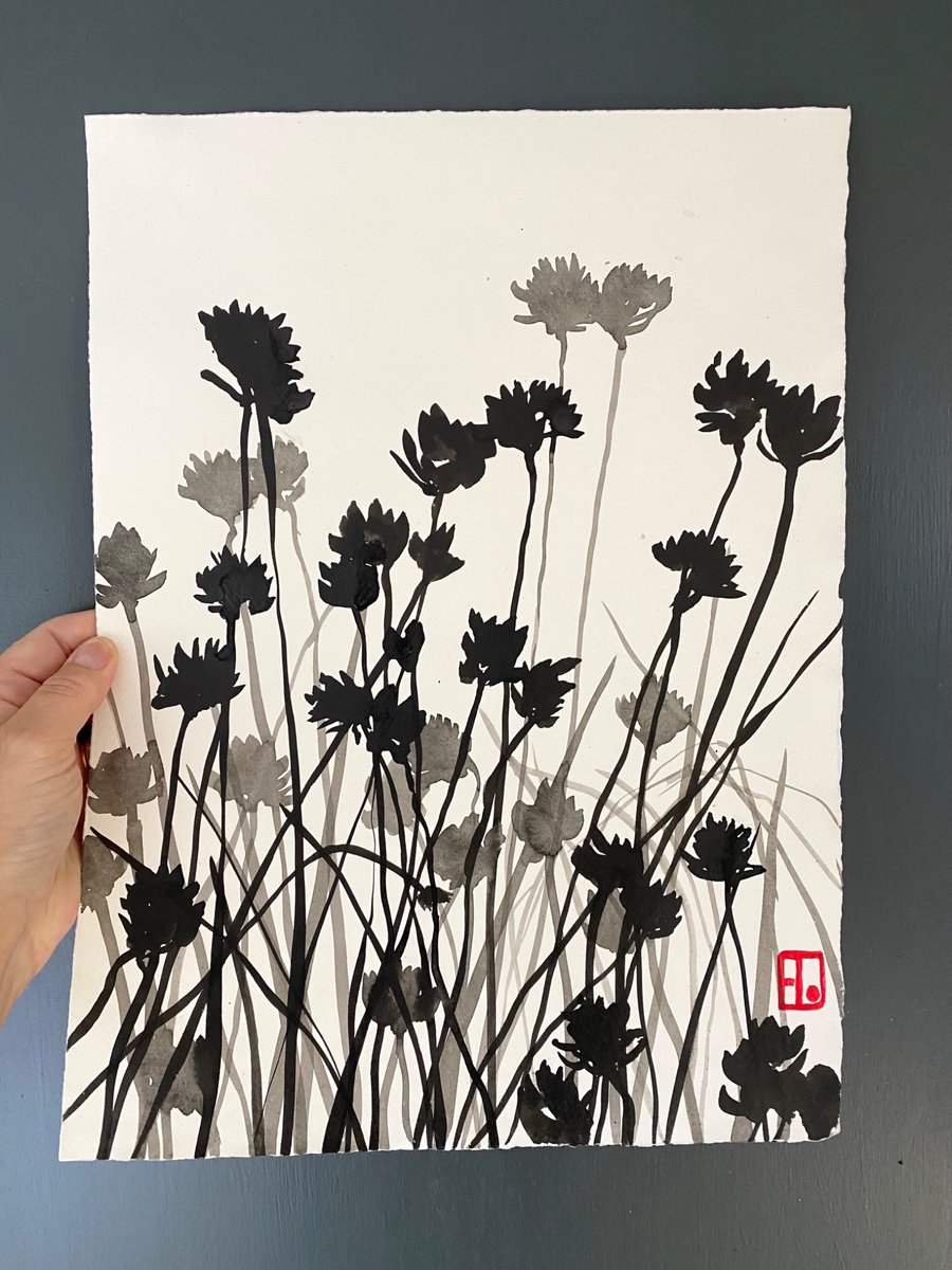 Image of Botanical art, Chive Flowers, shadow painting, original, handmade, signed