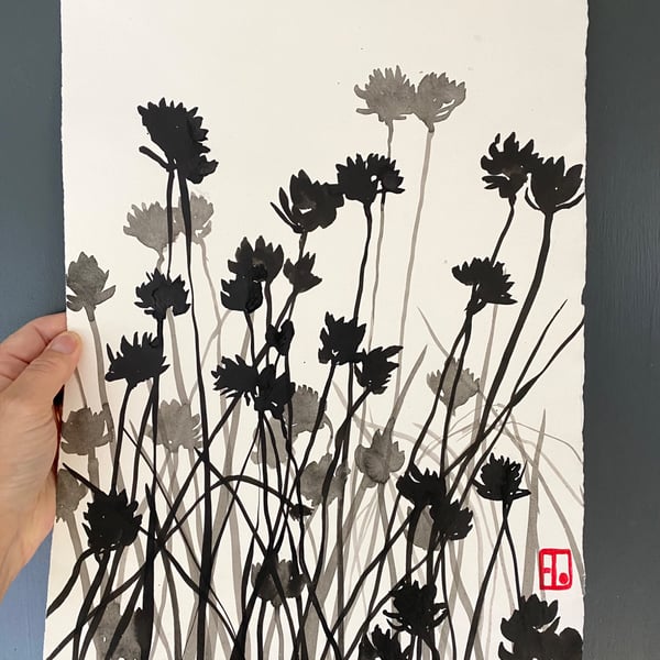 Botanical art, Chive Flowers, shadow painting, original, handmade, signed