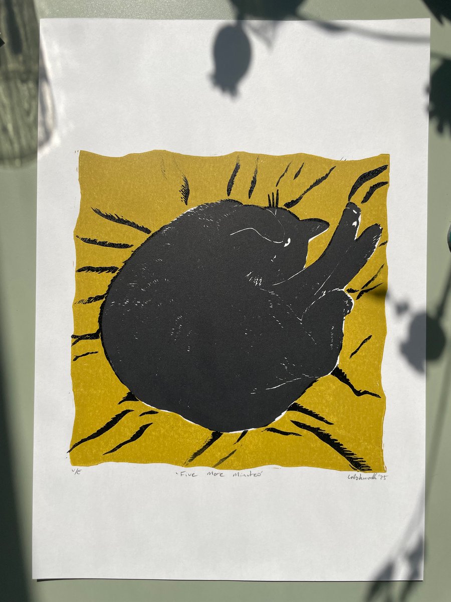 Five More Minutes - Original Lino Print Mustard Yellow