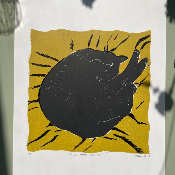 Five More Minutes - Original Lino Print Mustard Yellow