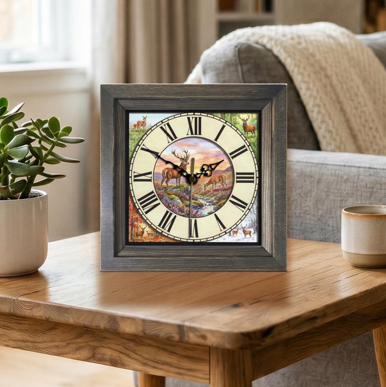 Vintage Style Highland Stag & Deer Scene Square Wooden Wall Clock Handmade 8x8" 