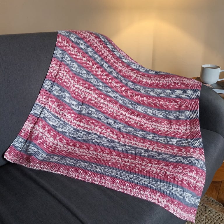 Hand Knitted Fair Isle Baby Blanket Pink Grey Cream Pram Blanket