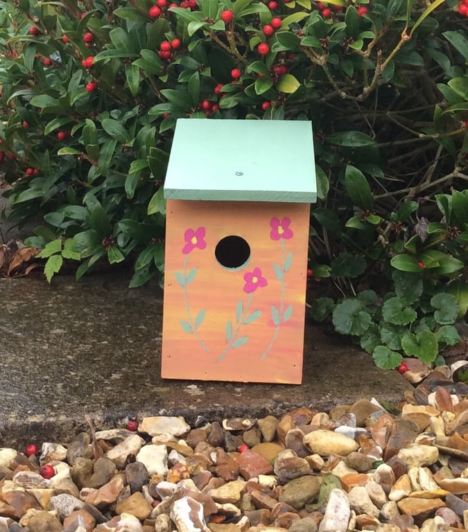 Hand Painted Pink Flowered Bird House