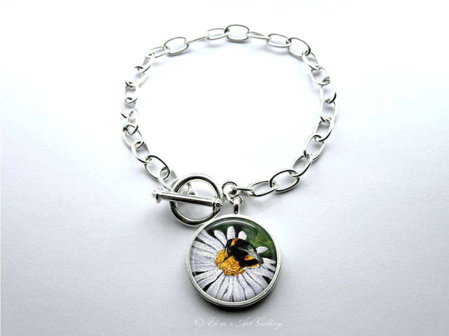 Silver Plated Bee on Flower Art Large Link Charm Bracelet With Toggle