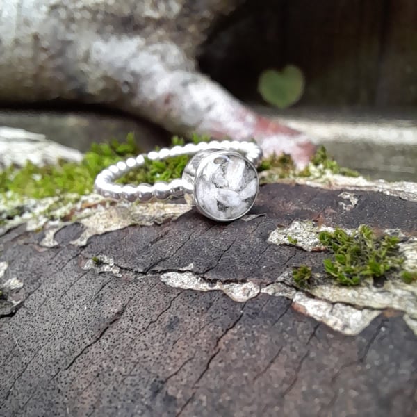 Sterling silver ball, beaded memorial, ashes, hair, fur, keepsake stacker ring.