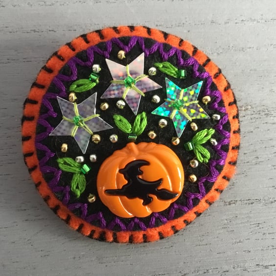 Hand Embroidered Halloween Witch Brooch