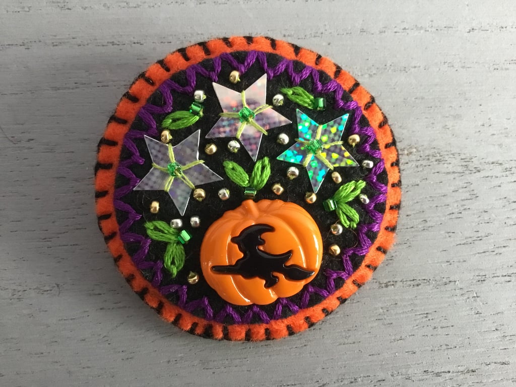 Hand Embroidered Halloween Witch Brooch