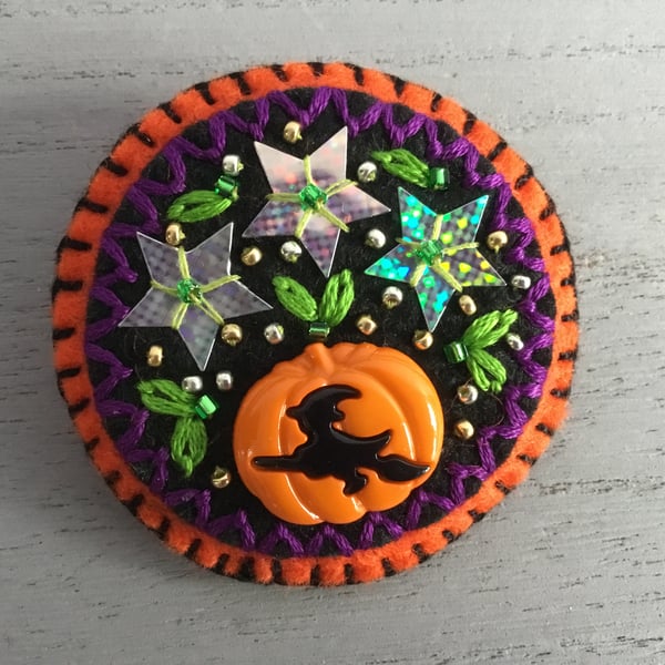 Hand Embroidered Halloween Witch Brooch
