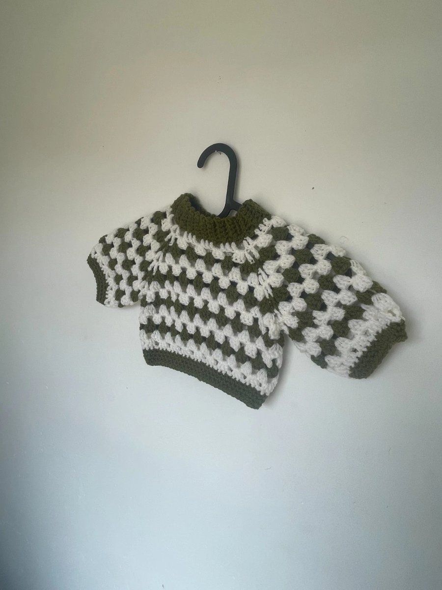 Crochet Knitted Cream and Green Baby Jumper