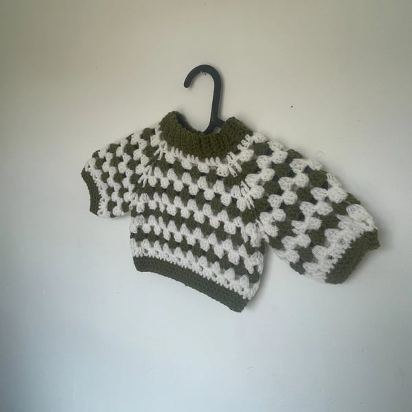 Crochet Knitted Cream and Green Baby Jumper