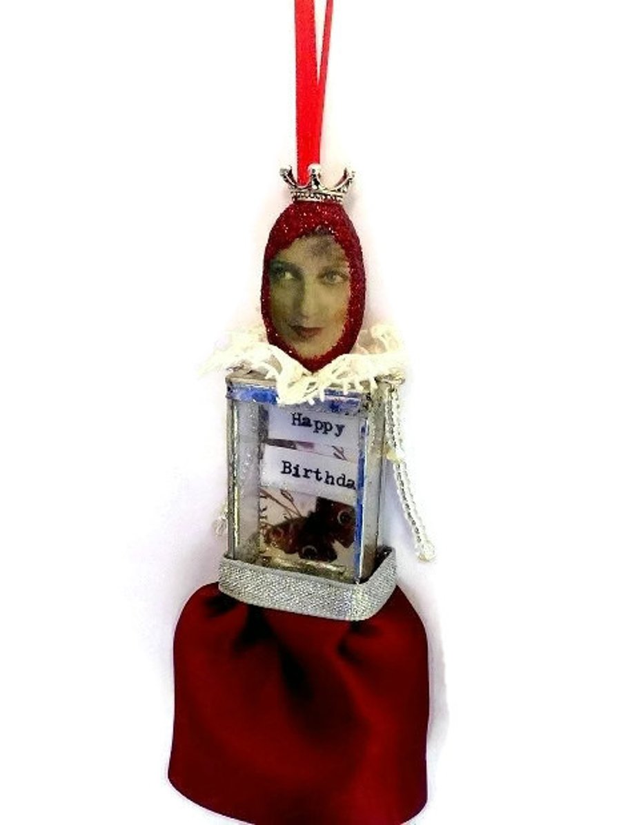 Red Happy Birthday Assemblage doll mixed media