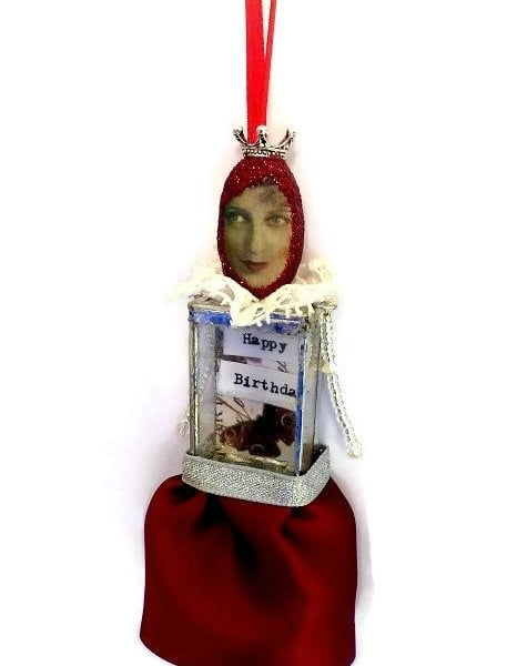 Red Happy Birthday Assemblage doll mixed media