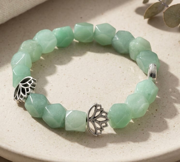 Chunky Green Aventurine and Lotus Flower Bracelet