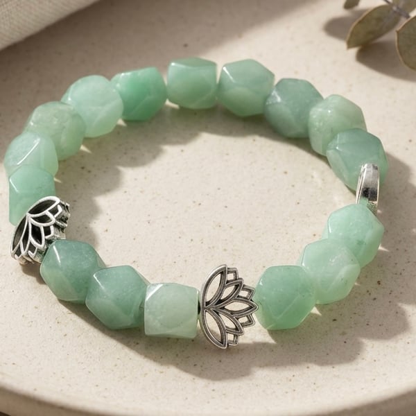 Chunky Green Aventurine and Lotus Flower Bracelet