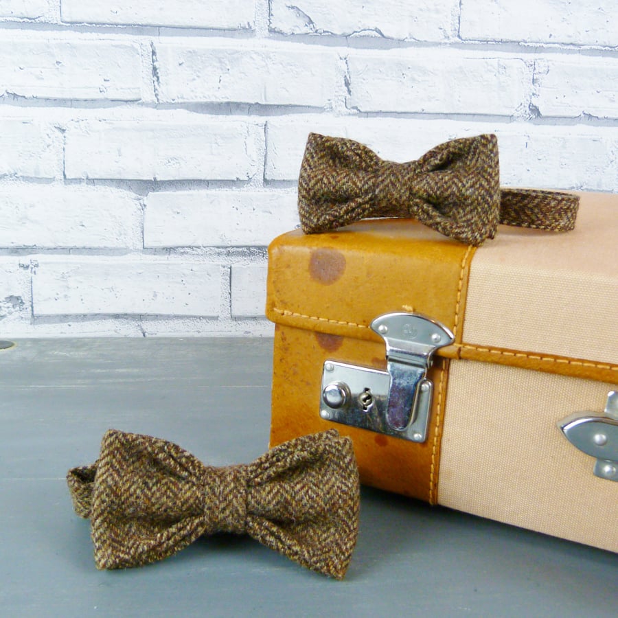 Father and Son Yorkshire Tweed bow tie set - Brown Herringbone
