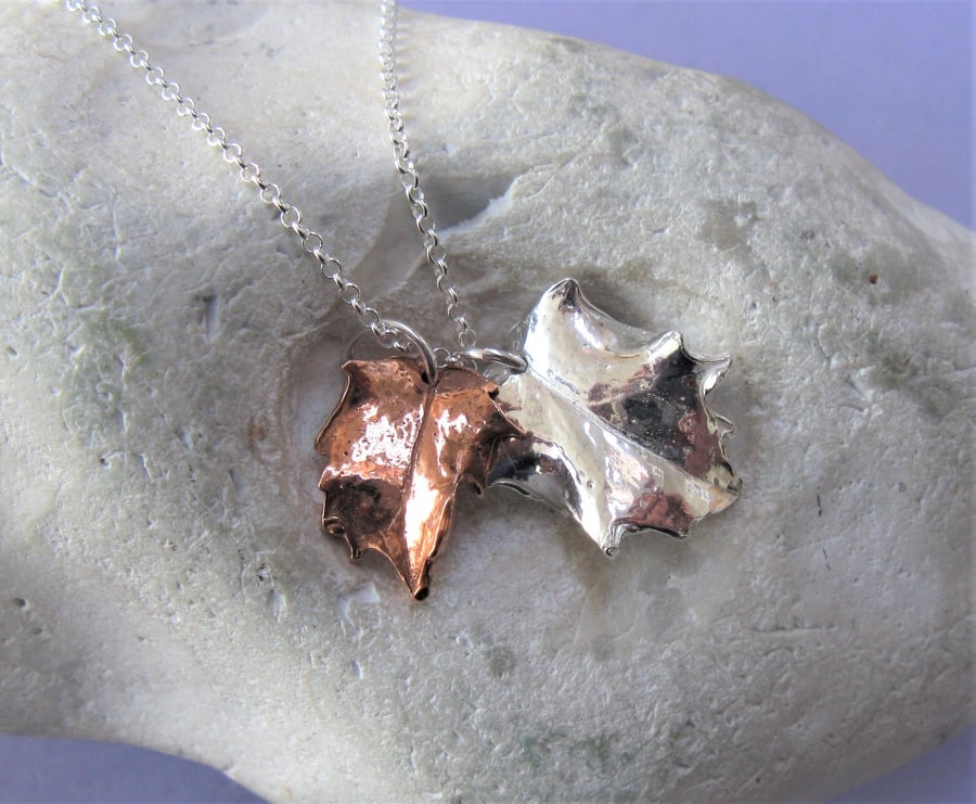 Fine silver and copper holly leaf necklace - hallmarked