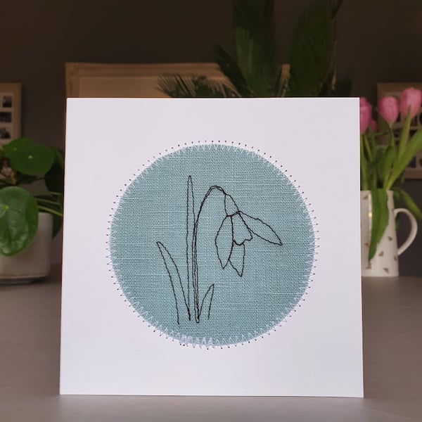 Embroidered Snowdrop card, handmade, machine stitched, Mother's Day, Set of 4
