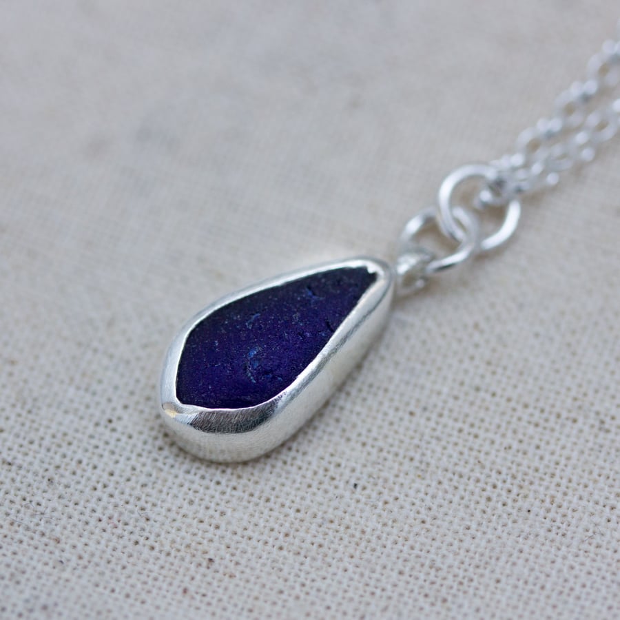Dark Blue Sea Glass & Recycled Sterling Silver Necklace