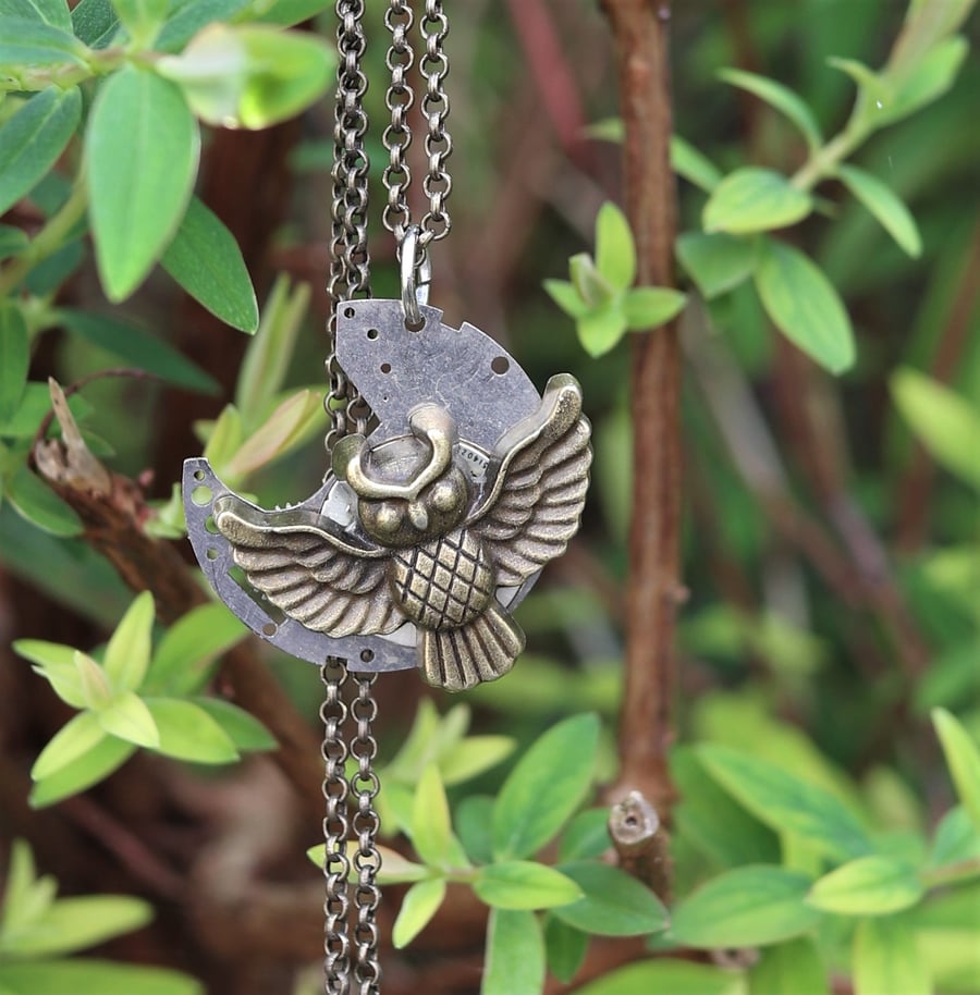 Upcycled steampunk theme - vintage watch parts - owl necklace - gift for her 