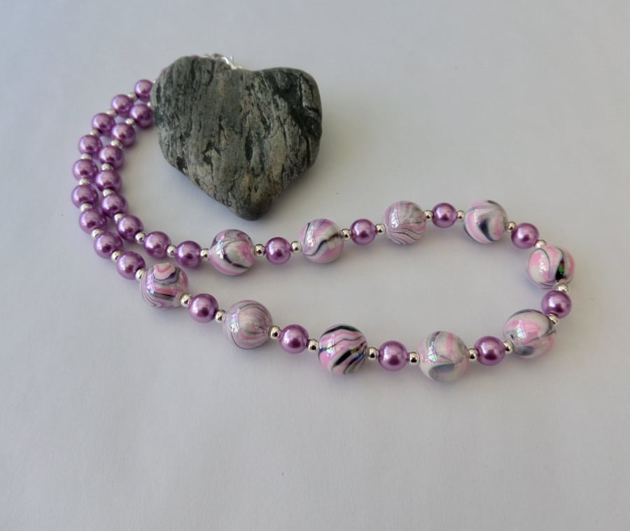 Soft lilac-pink, grey and silver acrylic & glass bead necklace