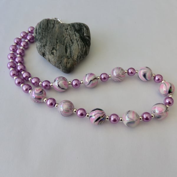 Soft lilac-pink, grey and silver acrylic & glass bead necklace