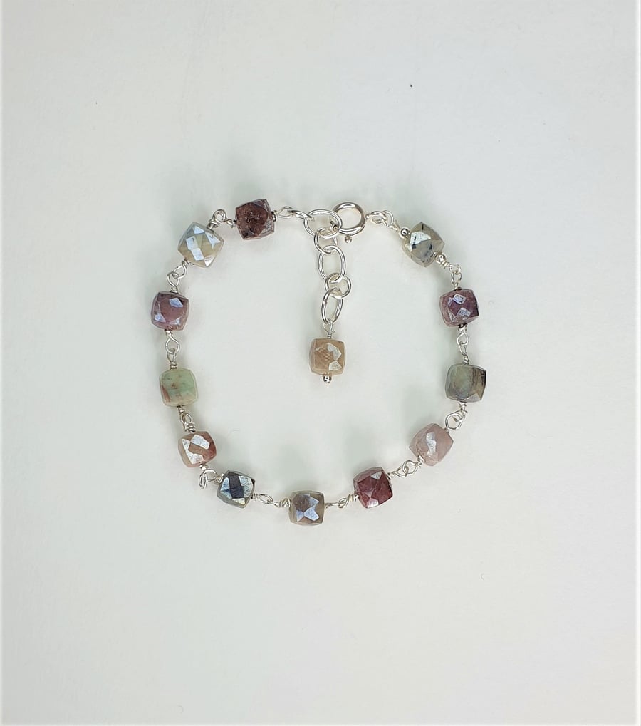 Multi Coloured Sapphire Bold Rosary linked Sterling Silver Bracelet