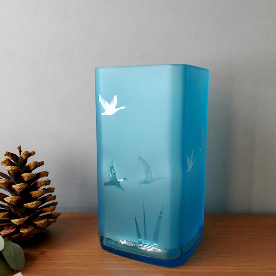 Blue recycled bottle vase, etched glass vase with flying geese design