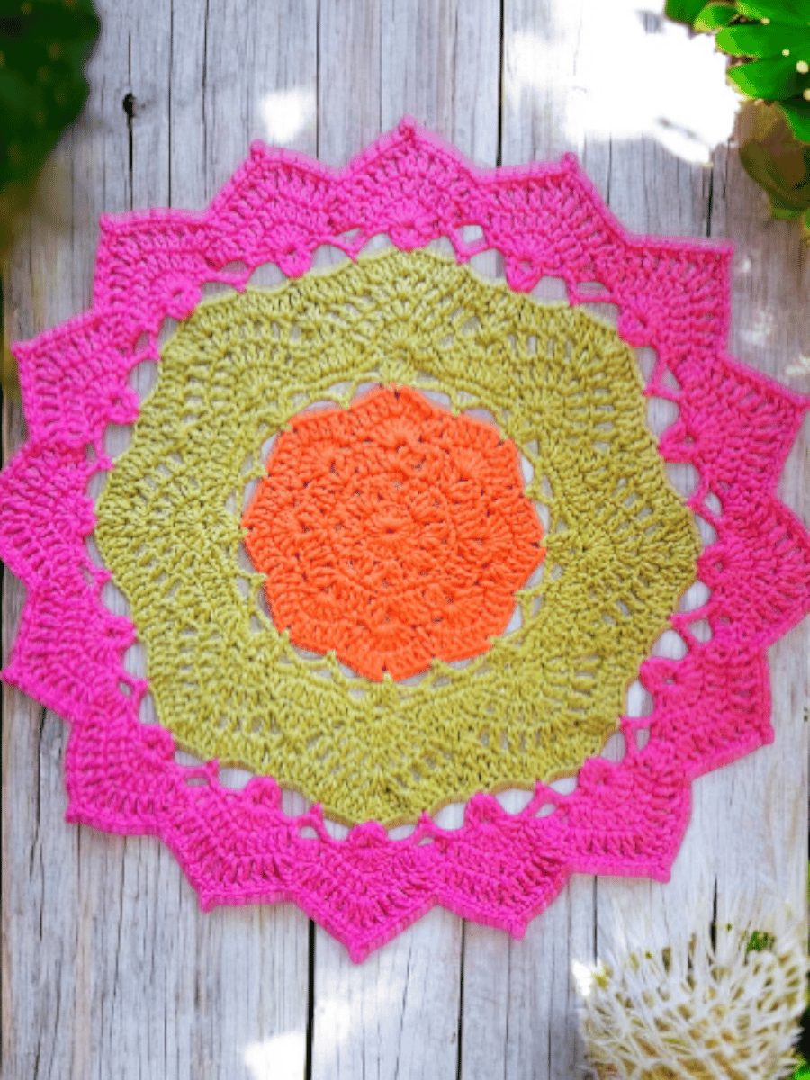 large, bright, crochet doily, mandala table mat