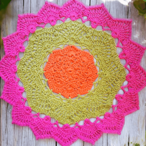 large, bright, crochet doily, mandala table mat