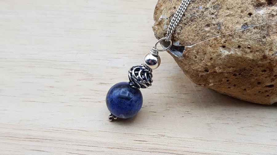 Minimalist Sodalite sphere pendant. Reiki Jewellery