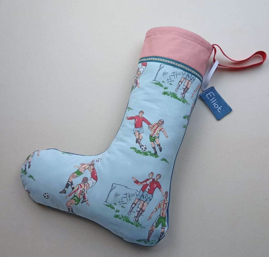 Upcycled Christmas Stocking - denim and football retro style