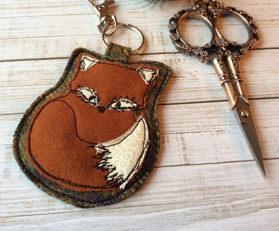 Up-cycled embroidered fox keyring or bag charm. 