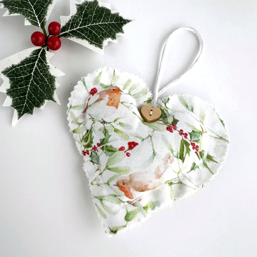 Large Christmas Heart with Robins on Holly and Mistletoe