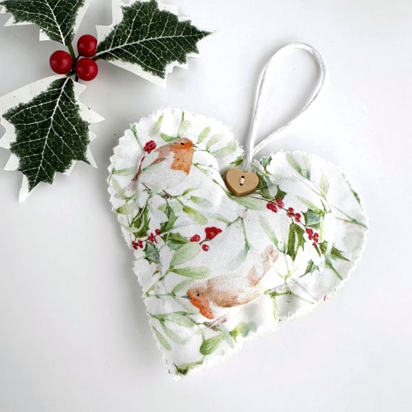 Large Christmas Heart with Robins on Holly and Mistletoe