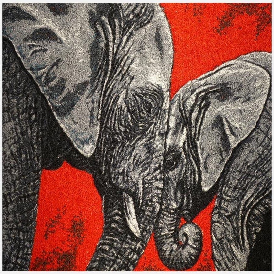Elephants. A beautiful, mounted, machine embroidered work of art.