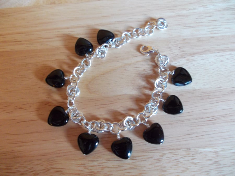 Black agate heart charm bracelet