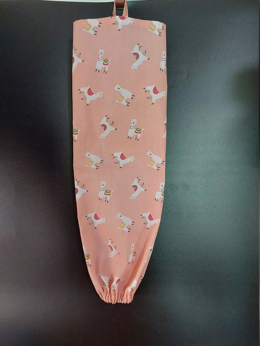 Carrier bag holder Handmade fabric bag dispenser bag tidy Pink Llama fabric bag 