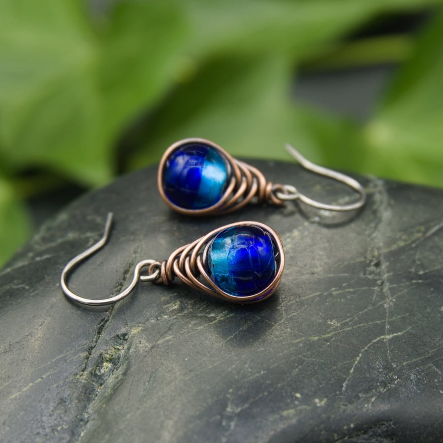Copper Wire Wrapped Earrings with Blue and Turquoise Silver Lined Glass Beads